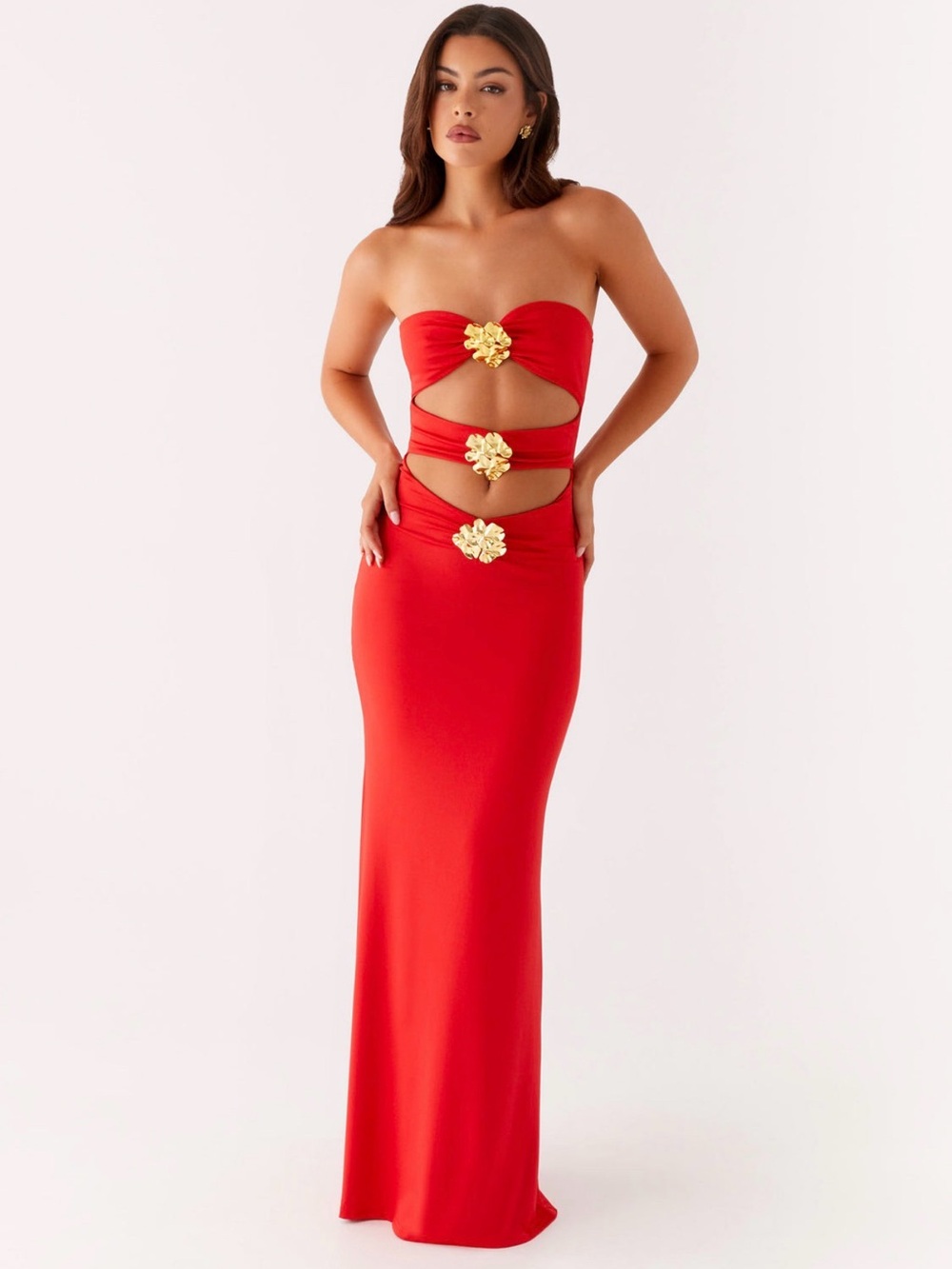NWT Peppermayo Red Strapless Cutout Maxi Dress with Gold Floral Accents 6